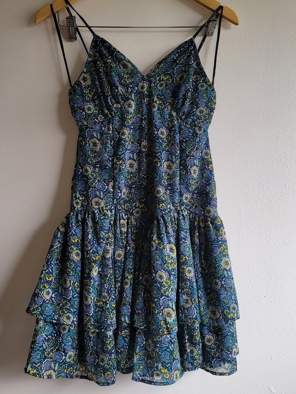Japna, Boho Blue Floral Tiered Spaghetti-Strap Mini Dress, Blue/Green/Yellow, XS